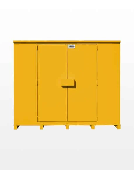 Laurin steel storage cabinet painted Traffic yellow, front view, doors closed